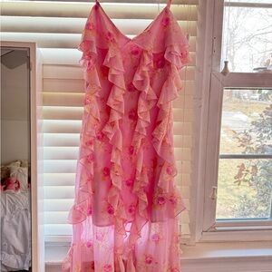 Pink Floral Ruffle Maxi Dress